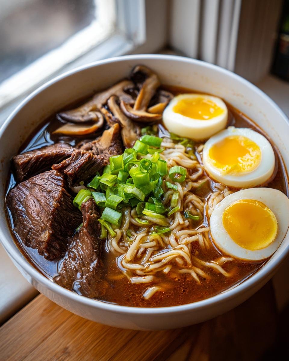 A close-up view of a rich bowl of Beef Ramen, featuring tender beef chunks, noodles, shiitake mushrooms, and halved soft-boiled eggs.