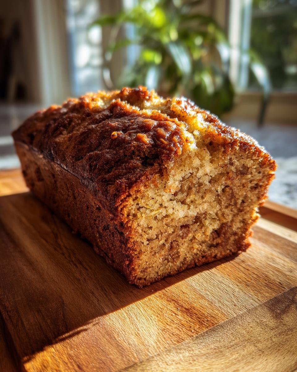 A close-up of a moist cinnamon zucchini bread loaf on a wooden cutting board, bathed in sunlight.