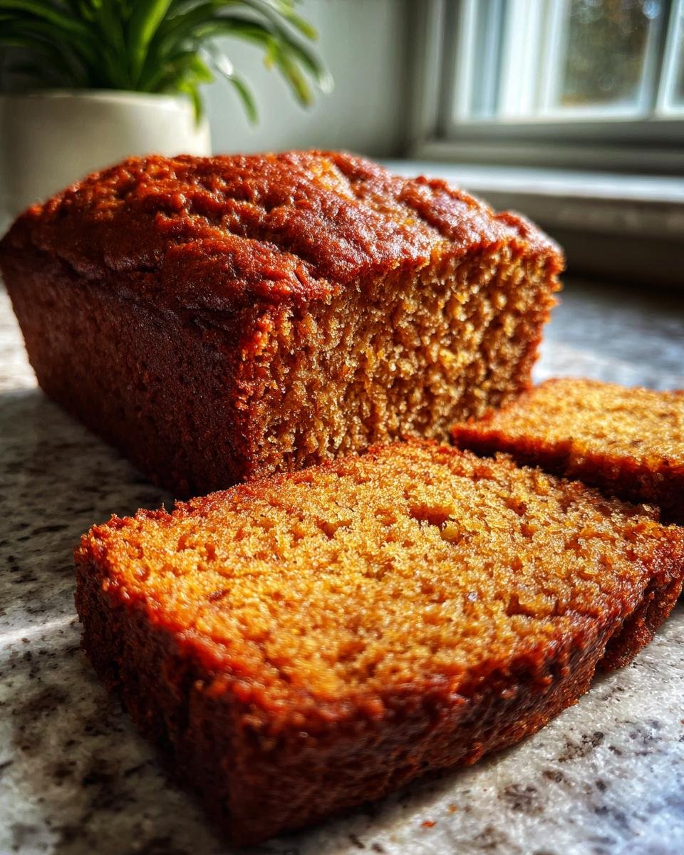 Close-up of a moist cinnamon zucchini bread loaf with two slices cut, showcasing its tender crumb.