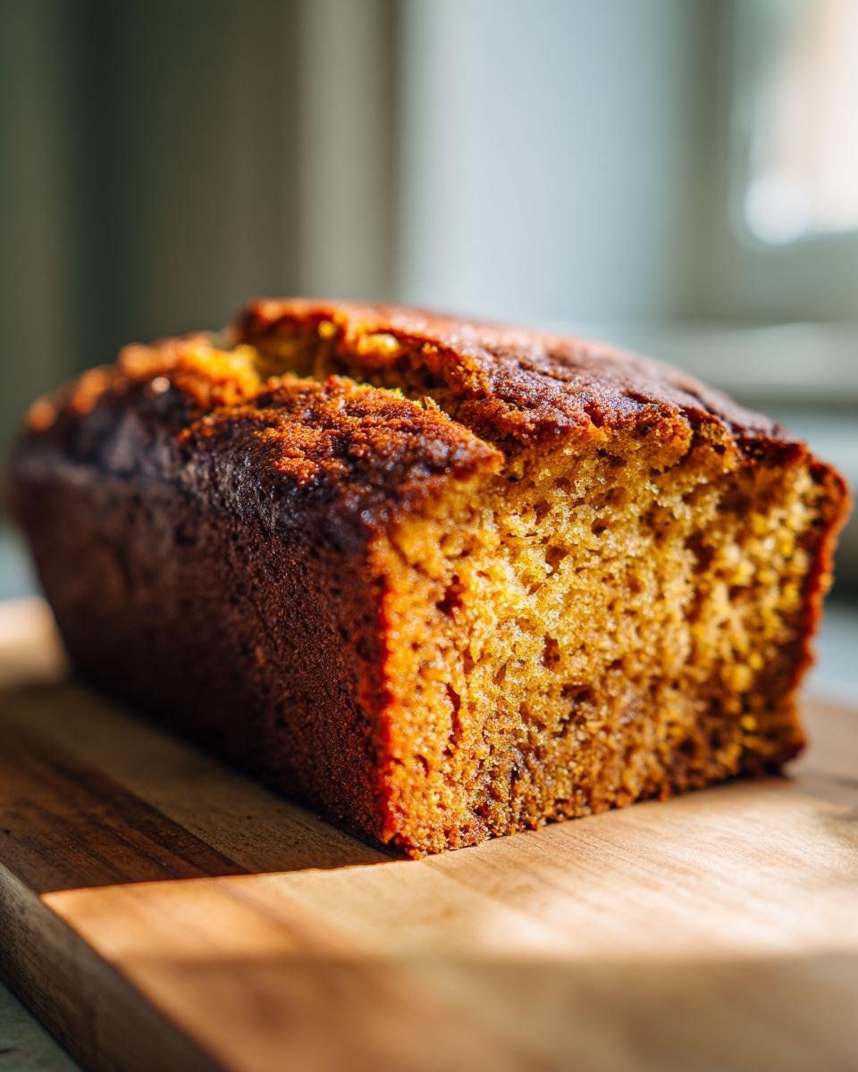 A close-up of a moist cinnamon zucchini bread loaf on a wooden cutting board, bathed in warm sunlight.