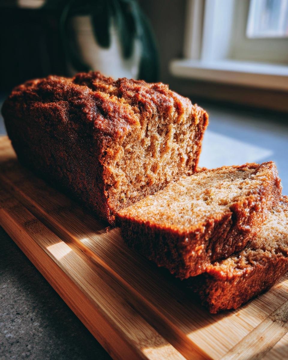 Close-up of moist cinnamon zucchini bread, with two slices cut and resting on a wooden board.