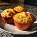 Three golden brown Moist Greek Yogurt Zucchini Muffins on a plate, with visible flecks of zucchini.