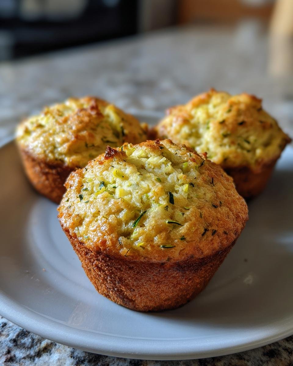 Three golden-brown Moist Greek Yogurt Zucchini Muffins on a light gray plate.