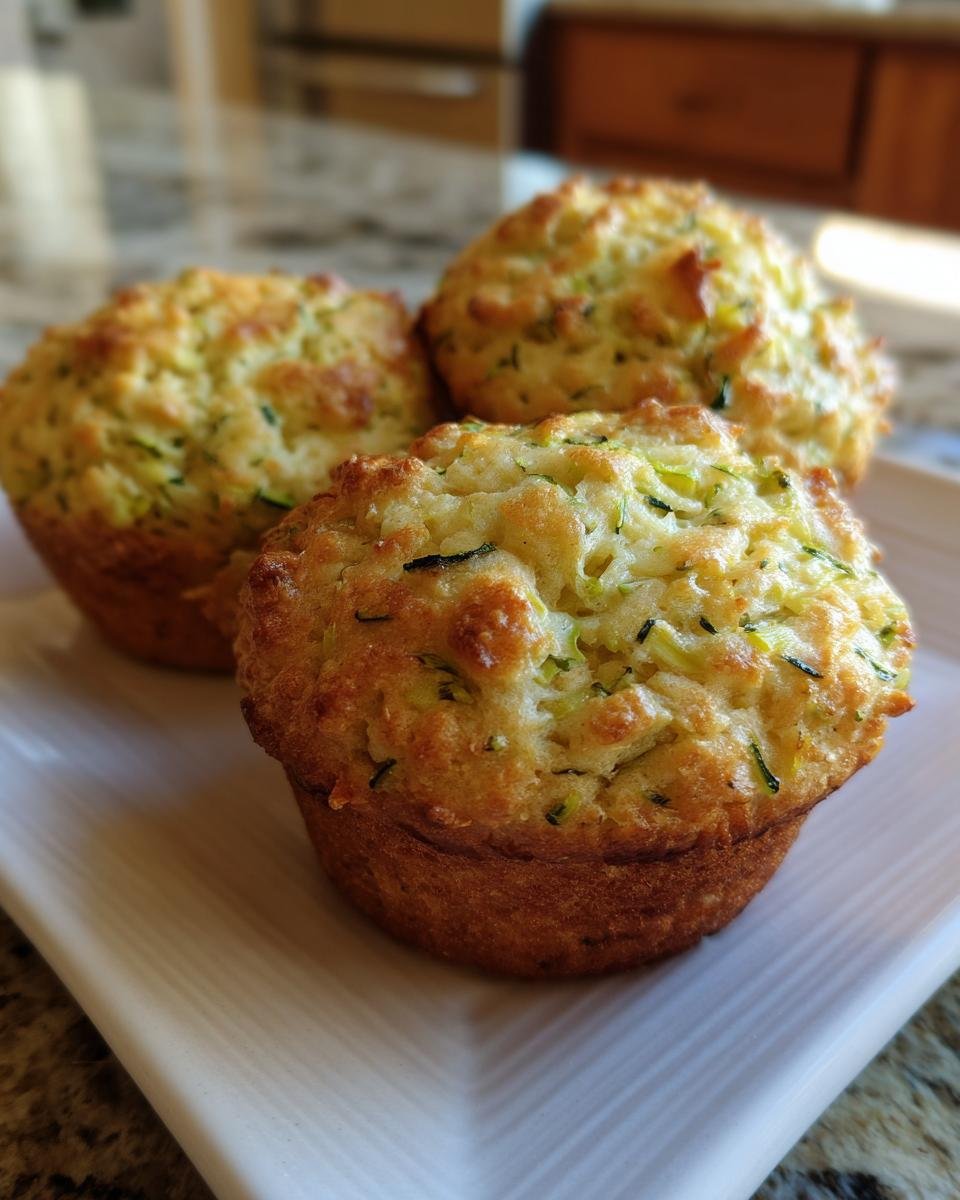 Three golden-brown Moist Greek Yogurt Zucchini Muffins on a white platter, showcasing visible zucchini shreds.