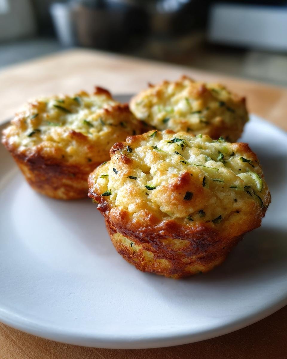 Three moist Greek Yogurt Zucchini Muffins on a white plate, showcasing their golden-brown tops and visible zucchini shreds.