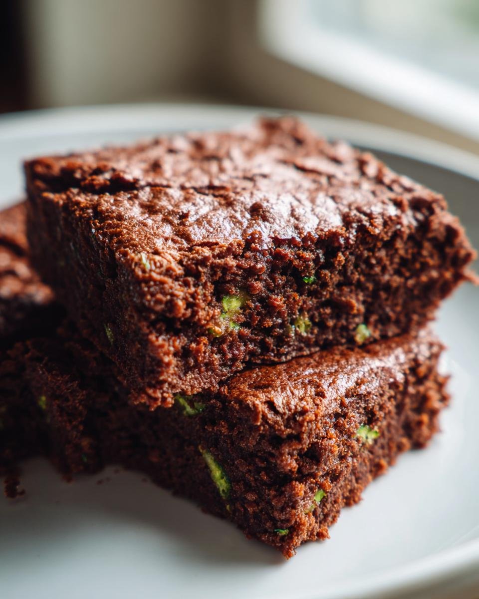 Close-up of two stacked, rich, dark chocolate Zucchini Chocolate Brownies showing flecks of green zucchini inside.
