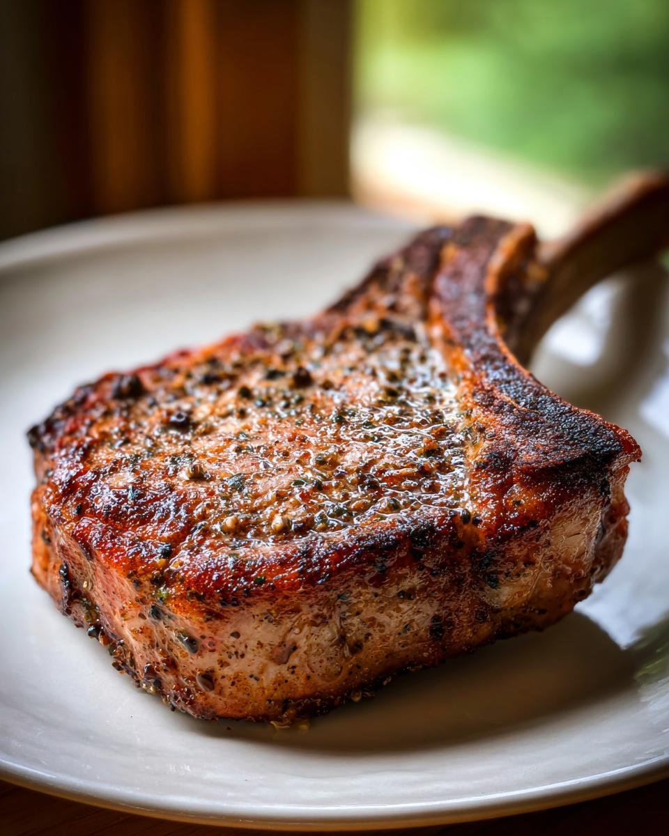 Close-up of a thick, juicy Oven Baked Bone In Pork Chop seasoned with pepper and herbs on a white plate.