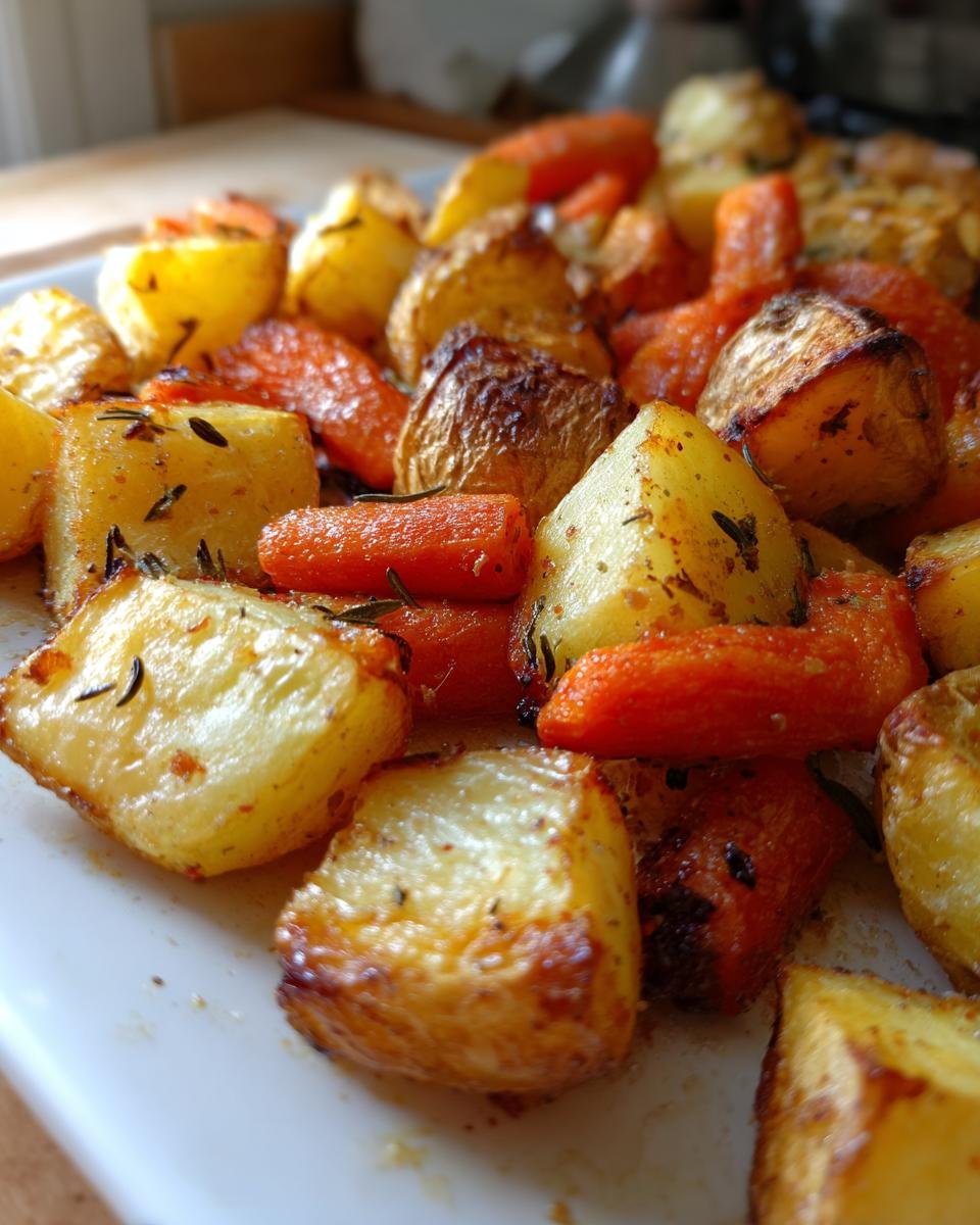 Close-up of perfectly roasted potatoes and carrots, seasoned with herbs, on a white platter.