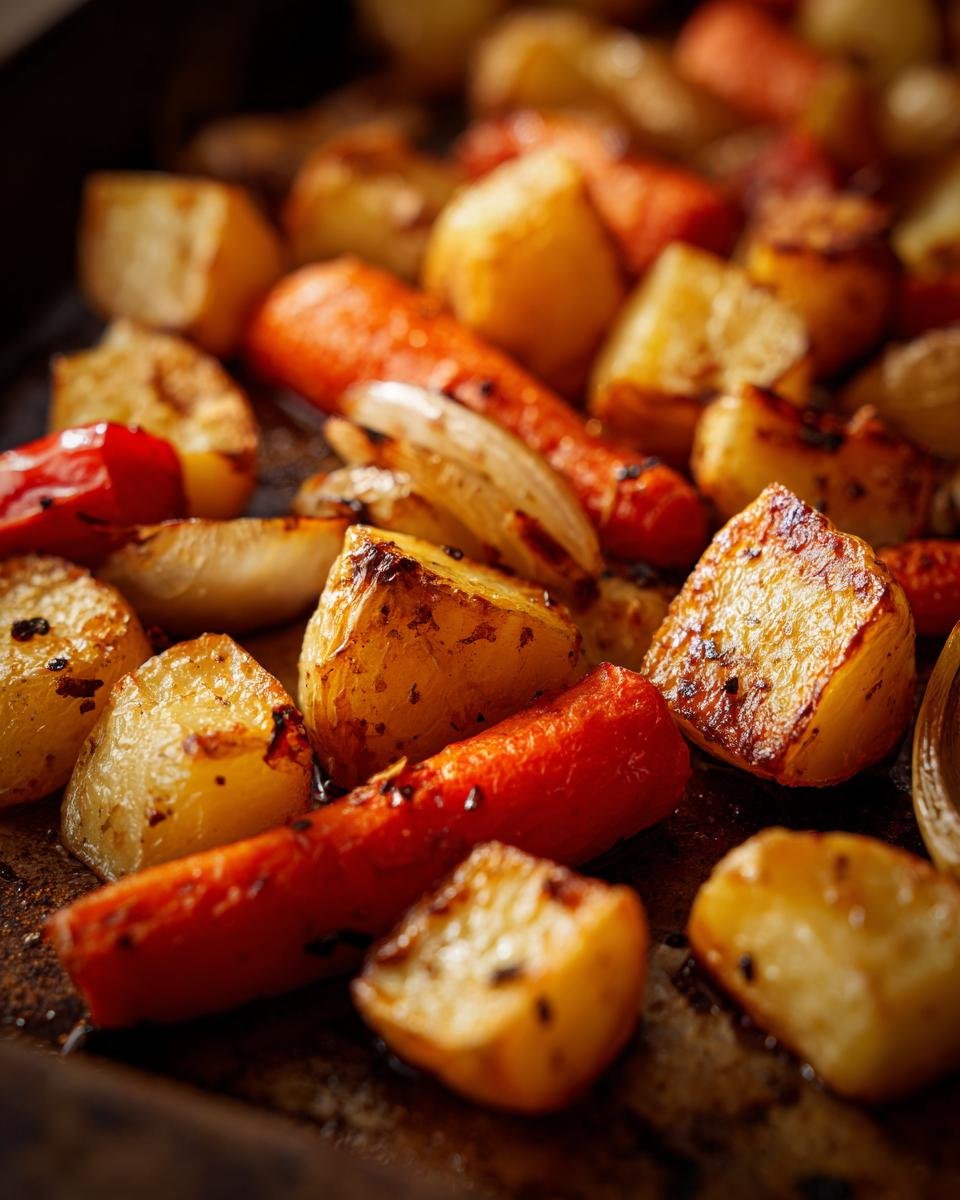 Close-up of perfectly roasted potatoes and carrots on a baking sheet, golden brown and slightly caramelized.