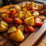 A close-up of perfectly roasted potatoes and carrots, seasoned with herbs, served on a wooden board.