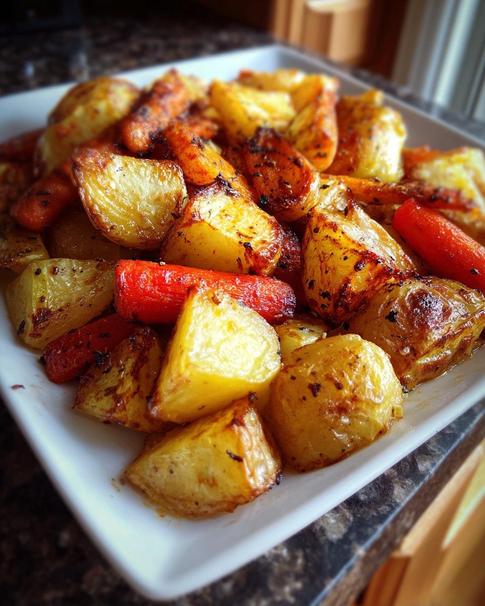 A close-up of a white platter filled with golden brown, perfectly roasted potatoes and carrots, seasoned with herbs.