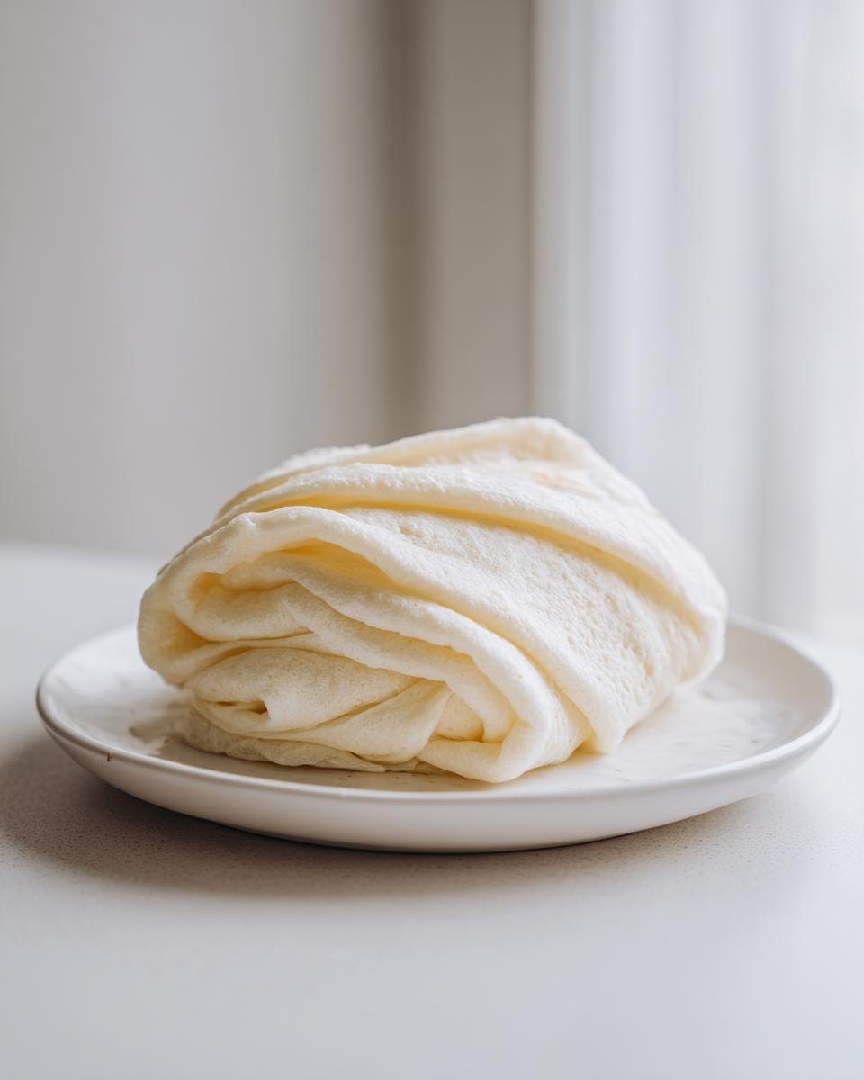 A stack of rolled, plain Egg White Wraps resting on a small white plate against a bright background.