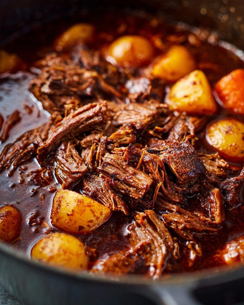 Close-up of shredded pot roast with potatoes in a rich gravy, a perfect crock pot recipe.