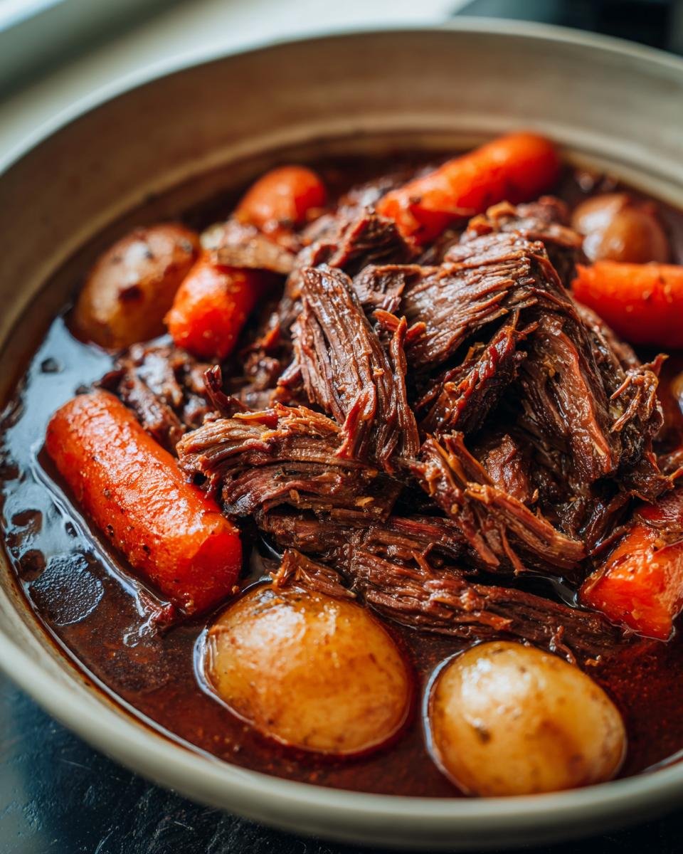 Close-up of a bowl filled with tender shredded pot roast, carrots, and potatoes in rich gravy.