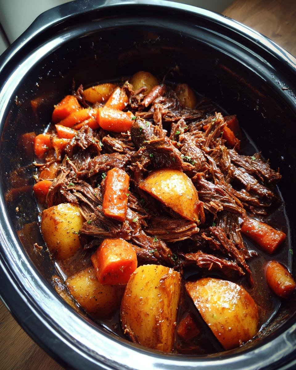 A close-up view of a crock pot filled with tender pot roast, potatoes, and carrots in a rich gravy.