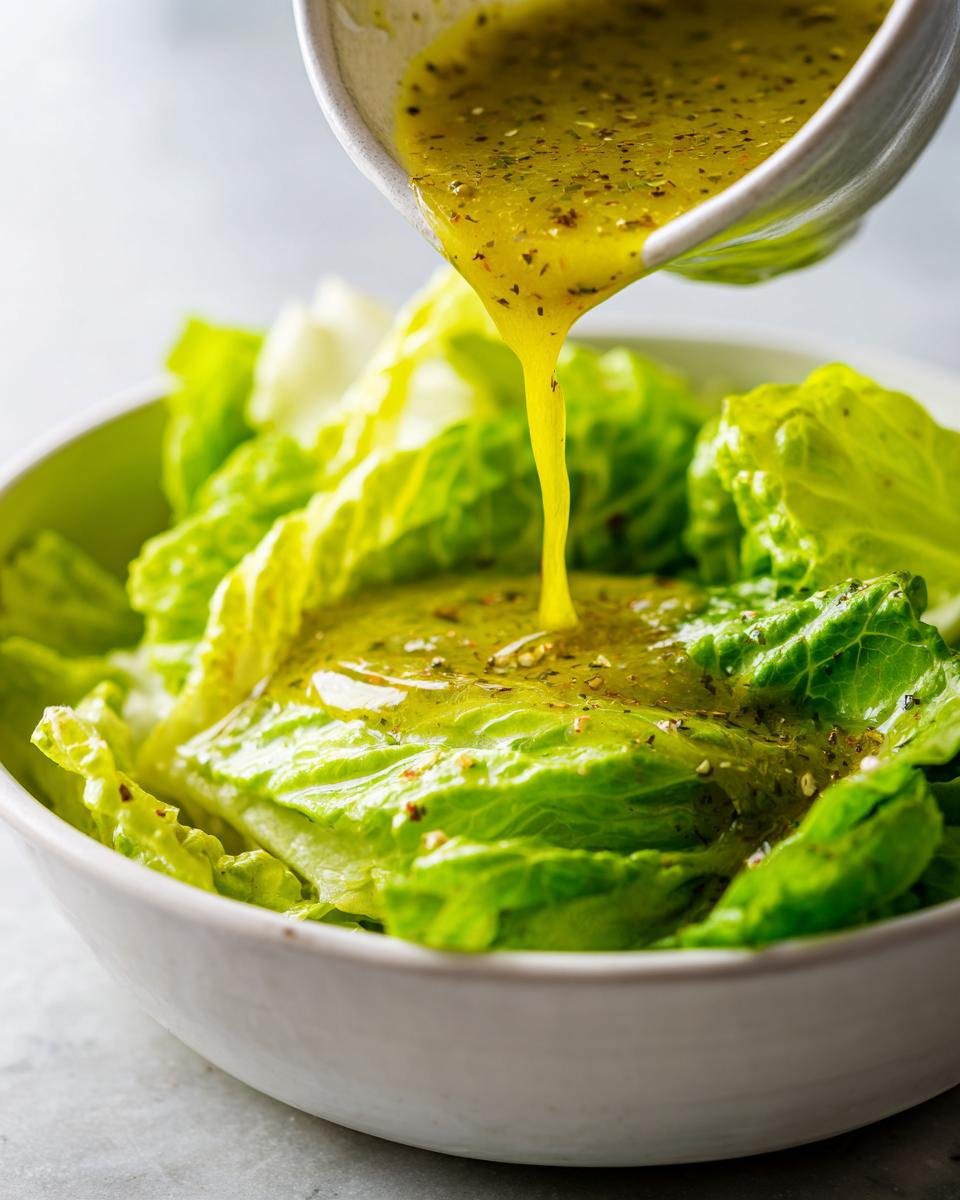 Close-up of Homemade Italian Salad Dressing being poured from a small bowl onto crisp green lettuce leaves in a white bowl.