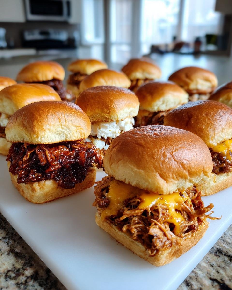 A close-up of several pulled pork sliders with melted cheese and fluffy buns, perfect for parties.