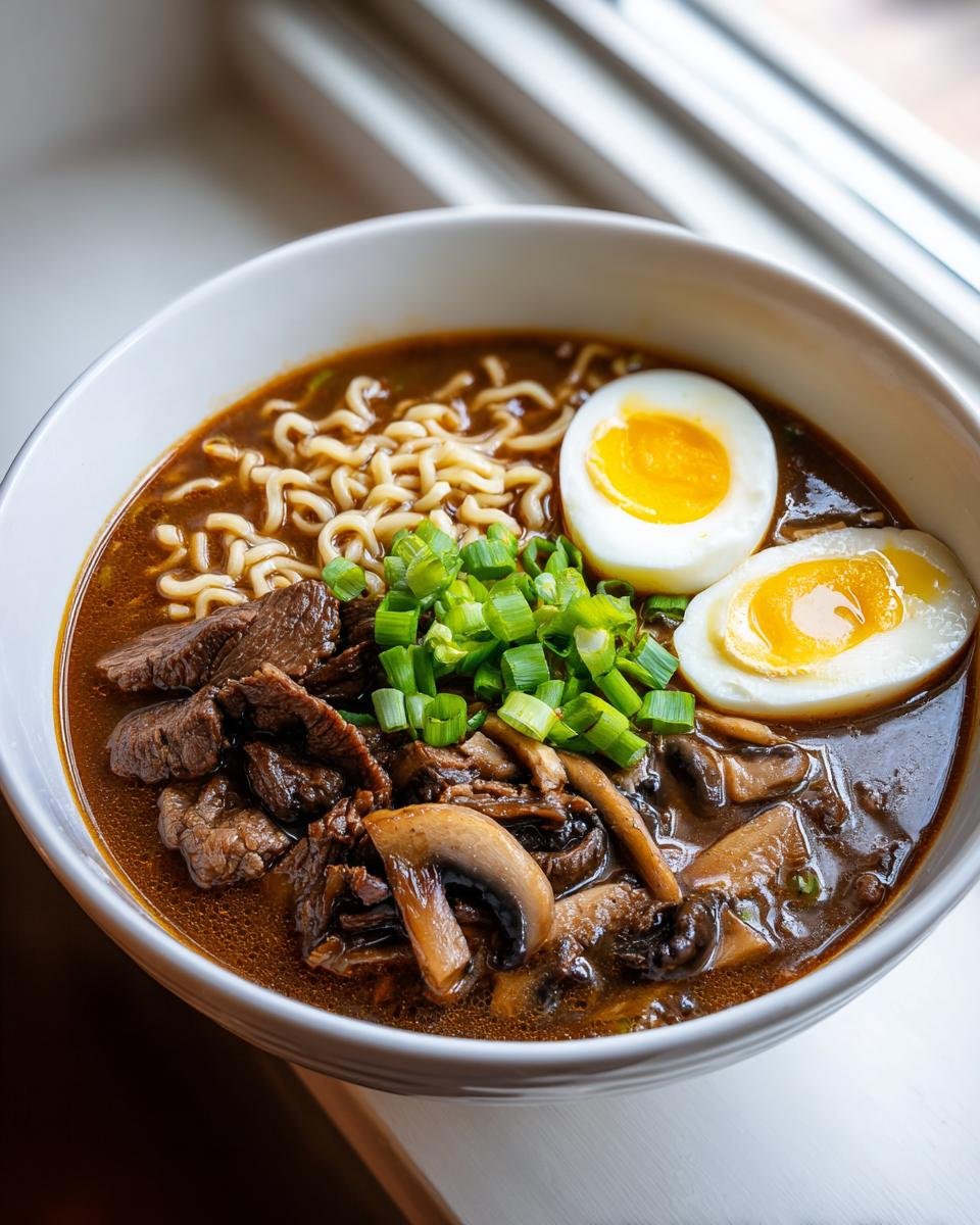 A close-up of a white bowl filled with rich Beef Ramen, topped with sliced beef, mushrooms, scallions, and a soft-boiled egg.