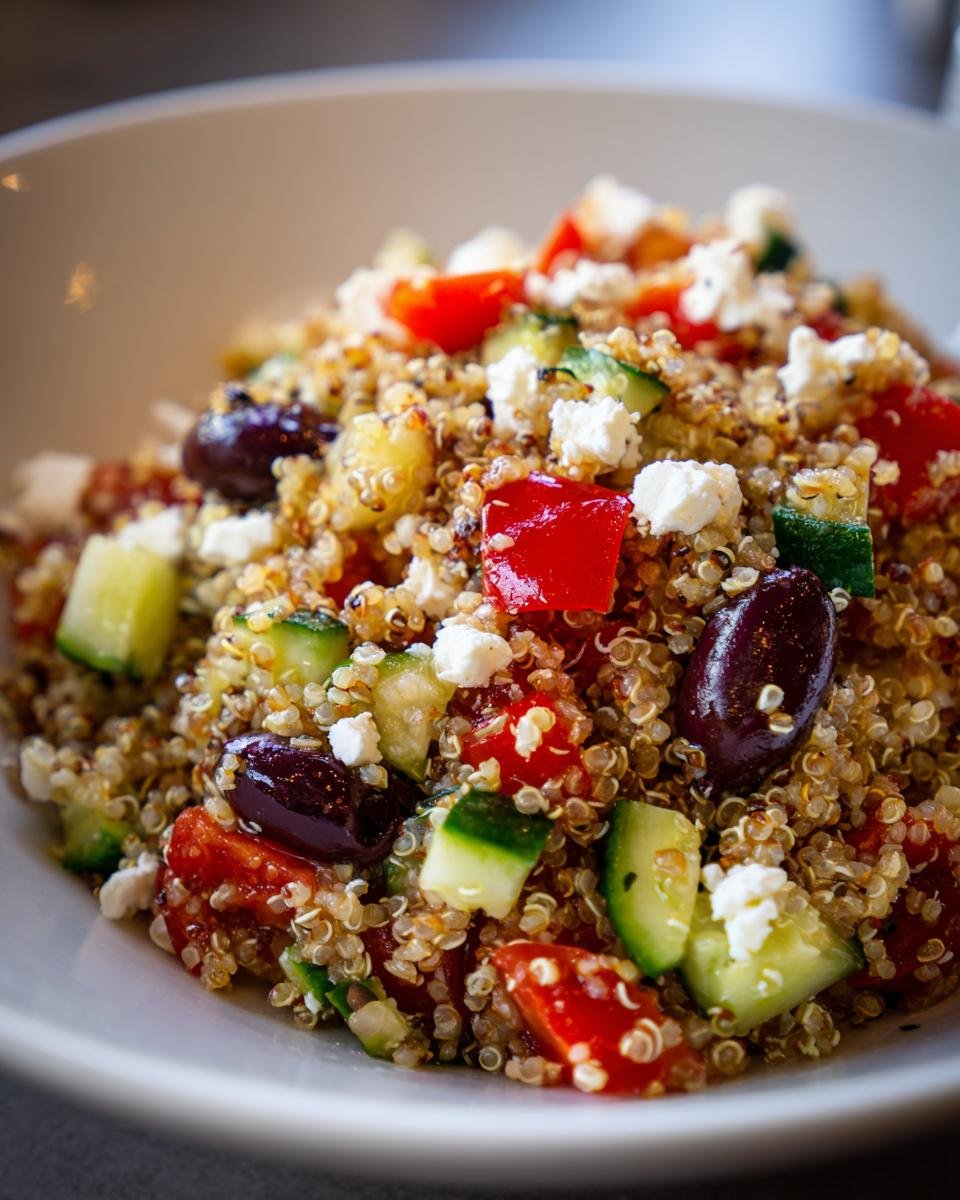 Close-up of a vibrant Mediterranean Bowl featuring quinoa, diced cucumber, red peppers, Kalamata olives, and feta cheese.