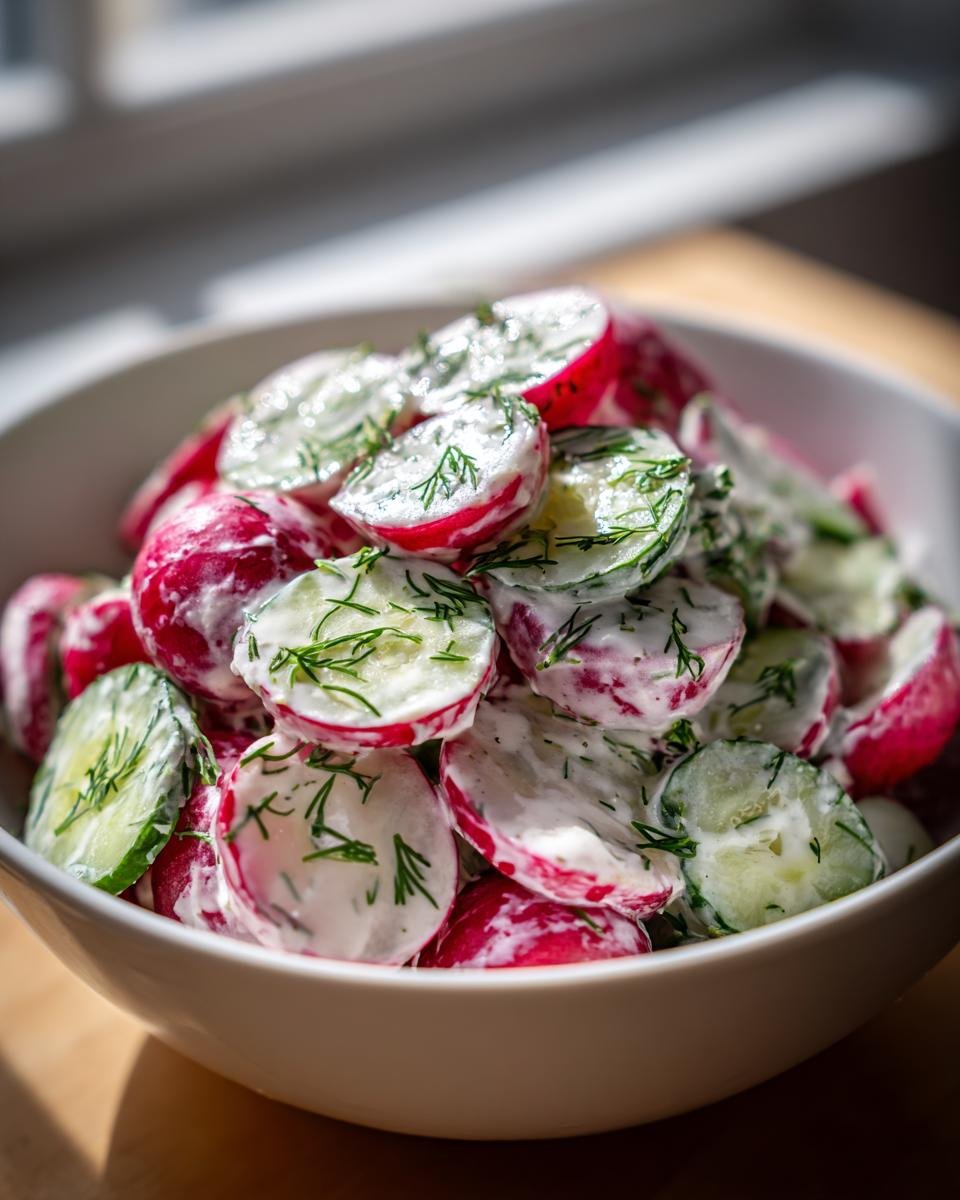 Close-up of a white bowl filled with Radish Cucumber Salad With Garlic Yogurt Dressing, garnished with fresh dill.