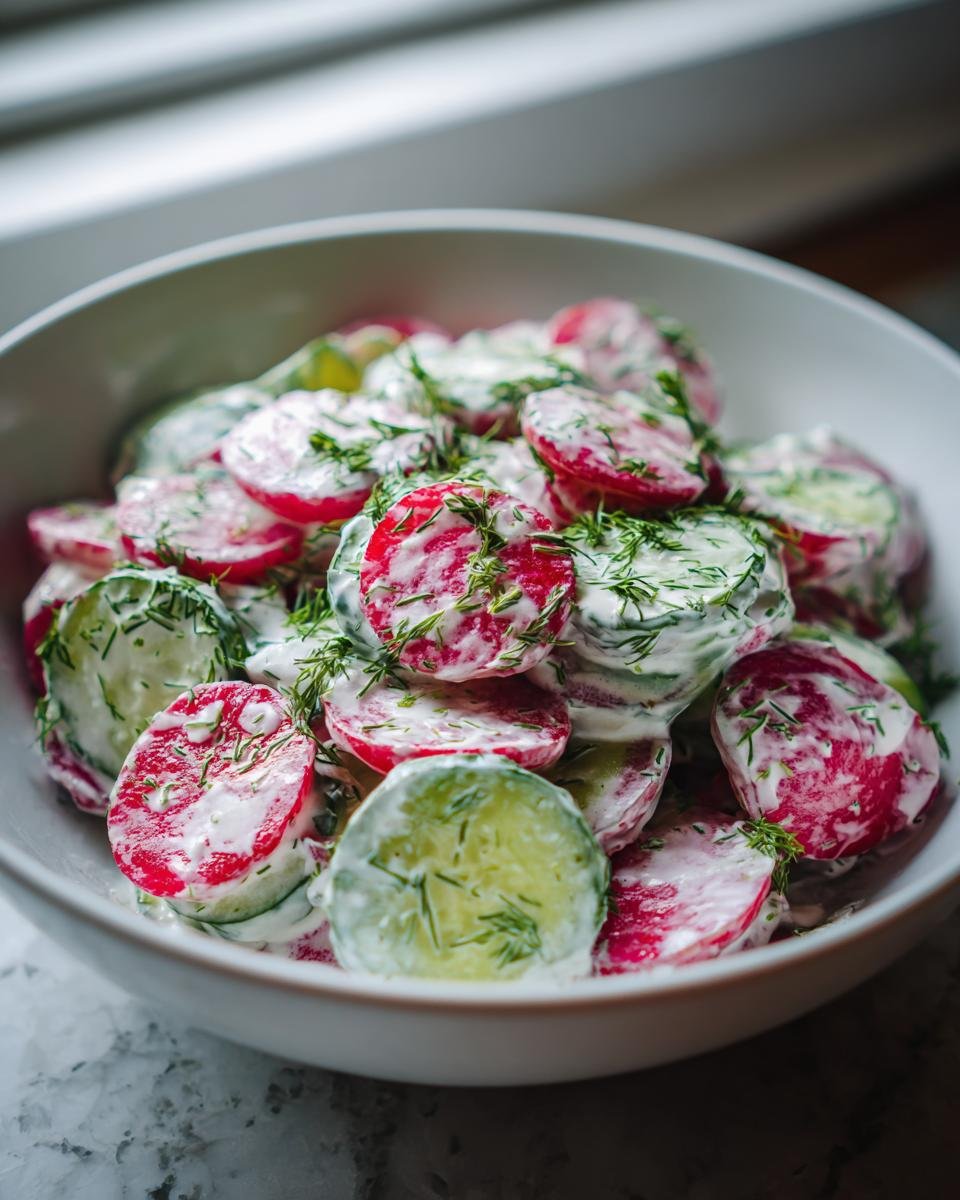 Close-up of Radish Cucumber Salad With Garlic Yogurt Dressing, topped with fresh dill.