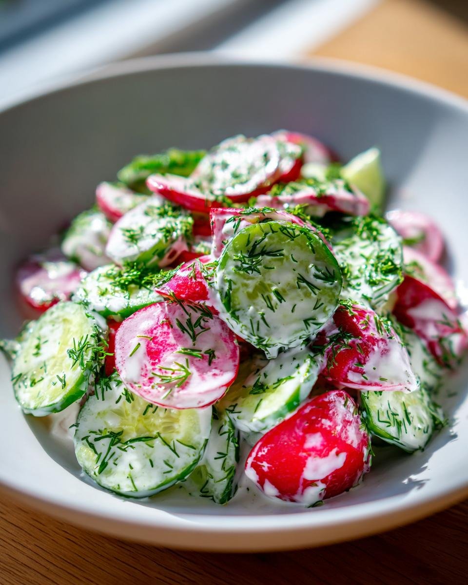 Close-up of fresh Radish Cucumber Salad With Garlic Yogurt Dressing, tossed with dill, in a white bowl.