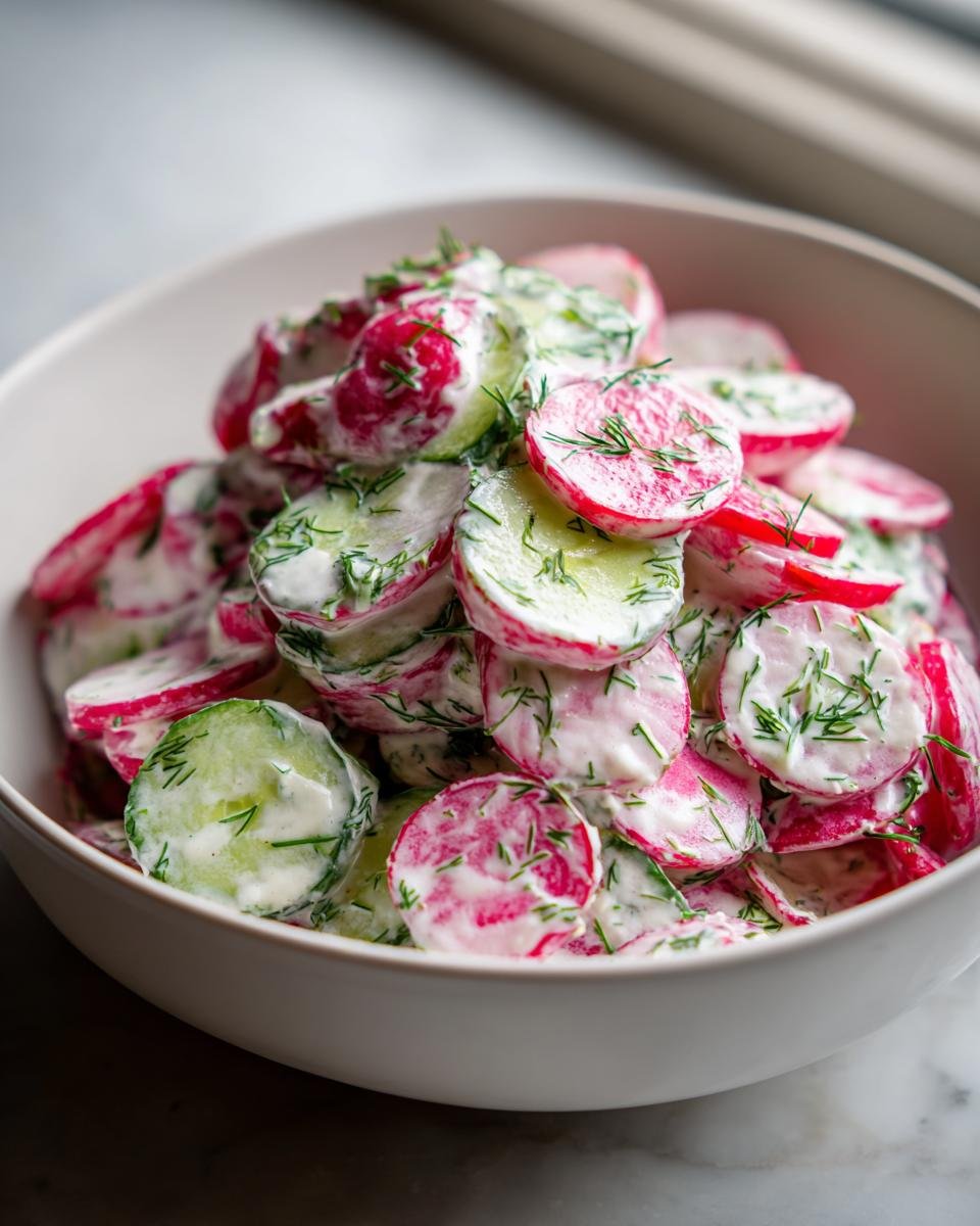 Close-up of a creamy Radish Cucumber Salad With Garlic Yogurt Dressing, topped with fresh dill.