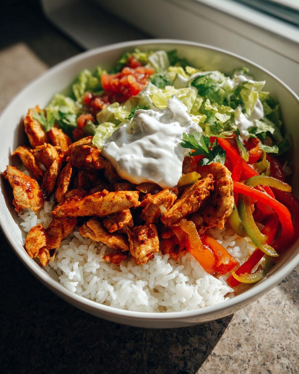 A close-up of a white bowl filled with Ranch Chicken Fajita Bowls, featuring seasoned chicken, white rice, peppers, lettuce, and sour cream.