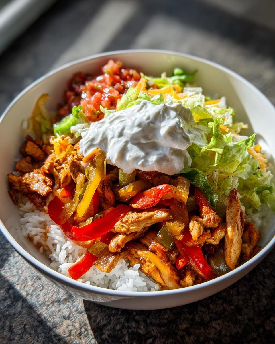 A close-up of a delicious Ranch Chicken Fajita Bowls served over white rice, topped with peppers, sour cream, and salsa.