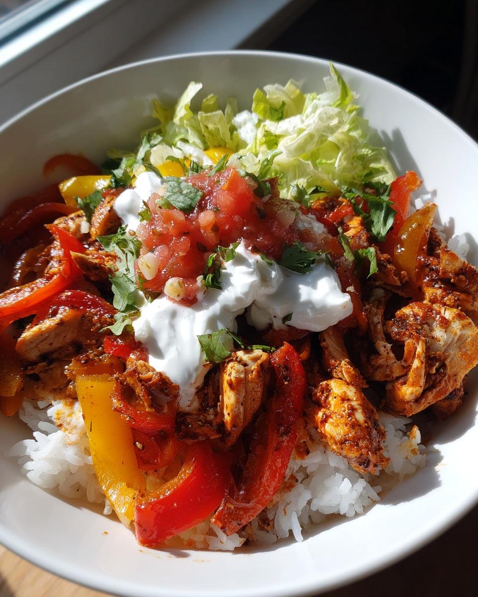 A close-up of a white bowl filled with Ranch Chicken Fajita Bowls, featuring seasoned chicken, peppers, rice, sour cream, and salsa.