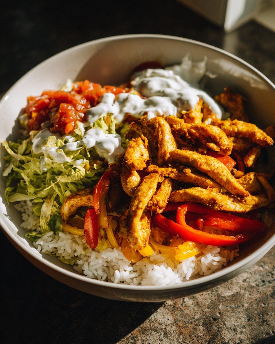 A close-up bowl featuring seasoned chicken strips, rice, peppers, lettuce, salsa, and ranch dressing for Ranch Chicken Fajita Bowls.
