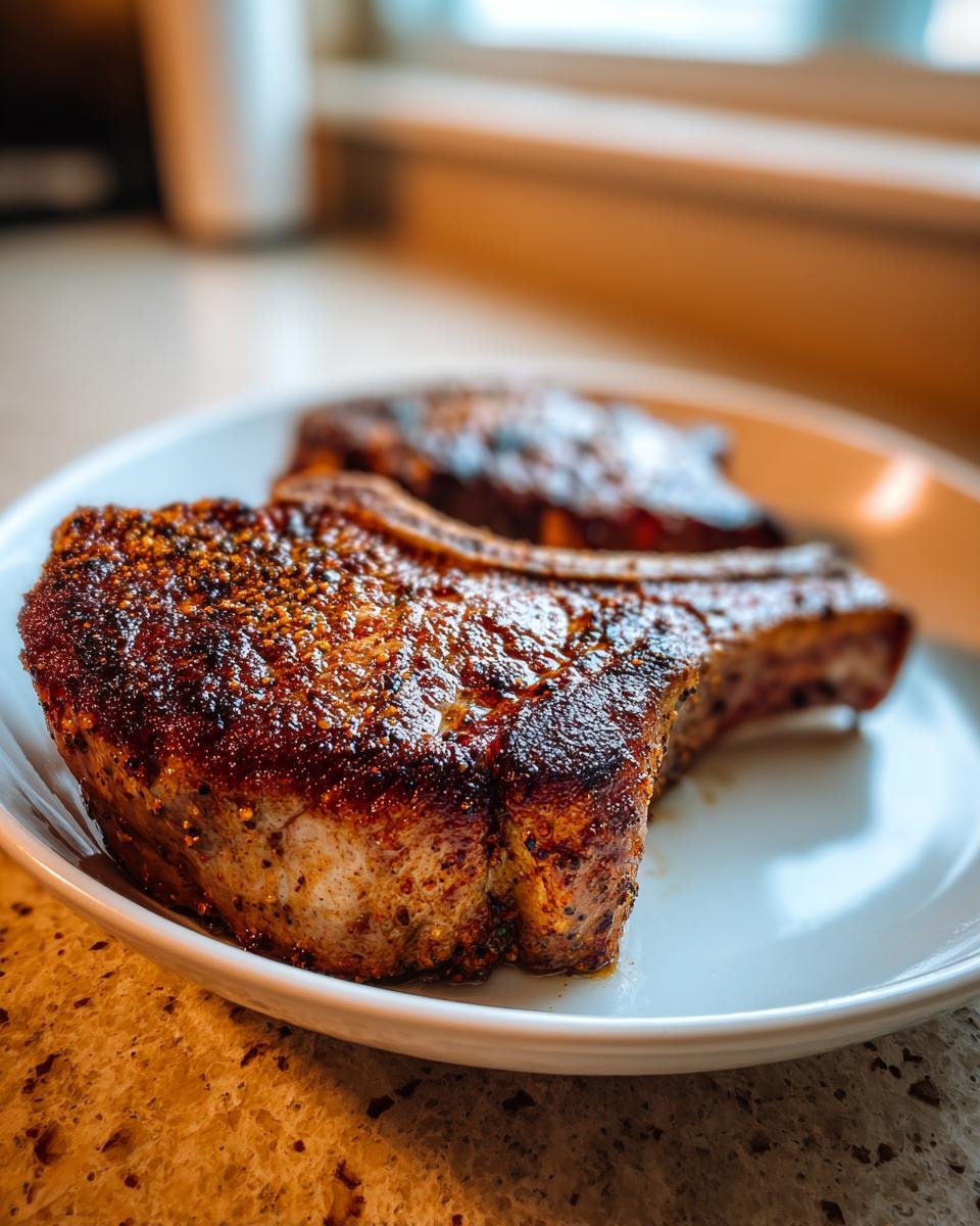 Close-up of a thick, beautifully seared Ranch Pork Chop seasoned with spices, resting on a white plate.