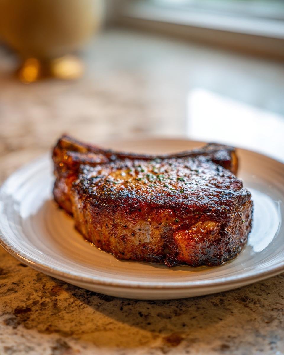 A thick, juicy, perfectly seared Ranch Pork Chop resting on a light-colored plate.
