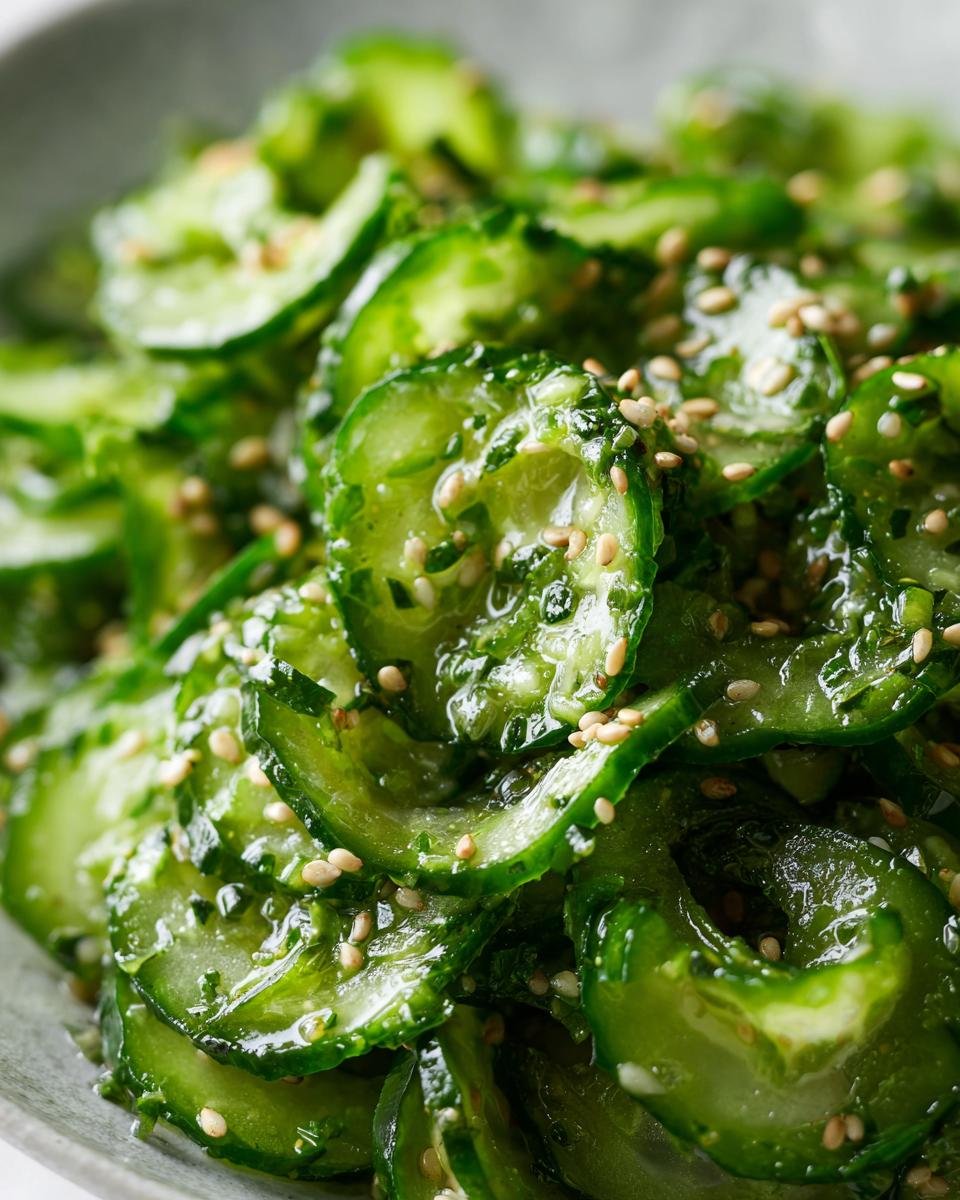 Close-up of a Refreshing Easy Asian Cucumber Salad Recipe For Summer, featuring thinly sliced cucumbers coated in a glistening dressing and sprinkled with sesame seeds.