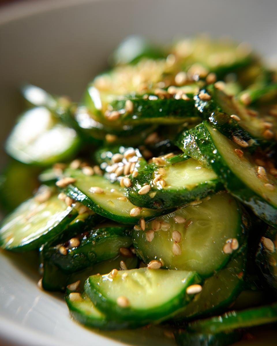 Close-up of a Refreshing Easy Asian Cucumber Salad Recipe For Summer, glistening with dressing and sprinkled with sesame seeds.