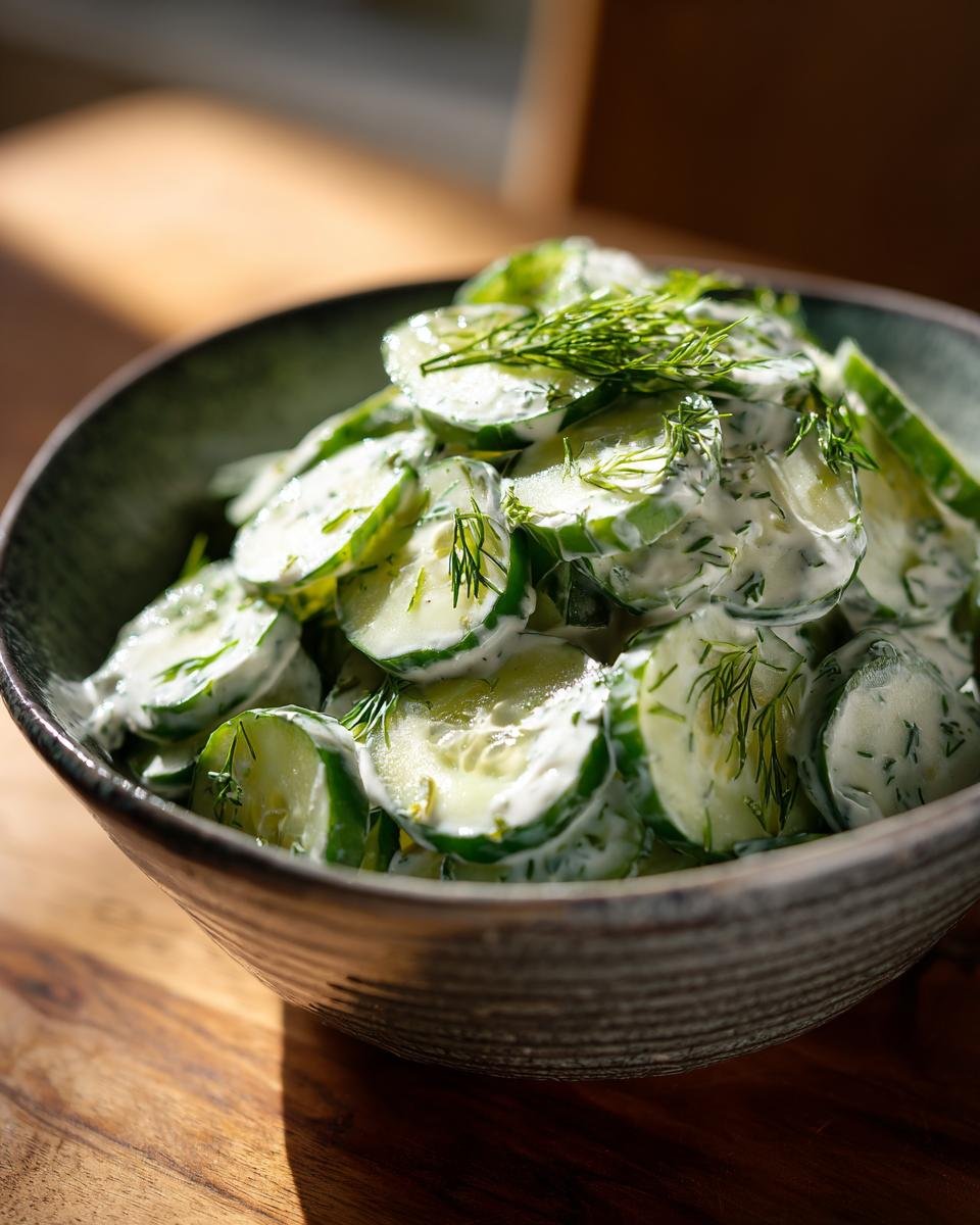 A close-up of a bowl filled with refreshing creamy cucumber salad, garnished with fresh dill.