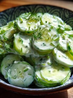 Close-up of a Refreshing Creamy Cucumber Salad in a decorative bowl, garnished with fresh dill.