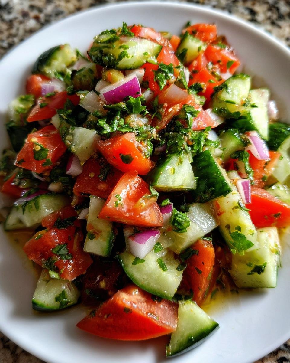 Close-up of a Refreshing Cucumber Tomato Salad Recipe with chopped tomatoes, cucumbers, red onion, and parsley.