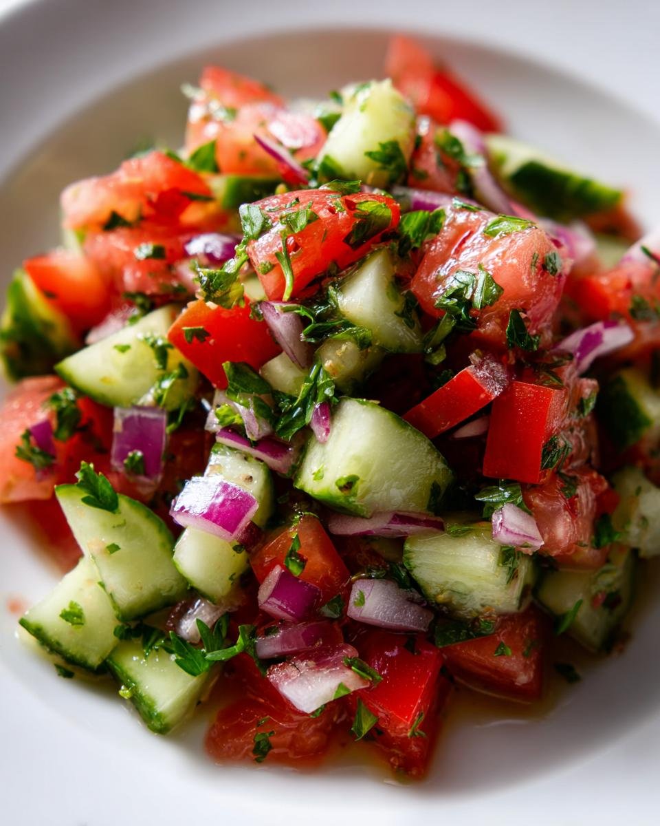 A close-up of a refreshing cucumber and tomato salad with red onion and parsley.