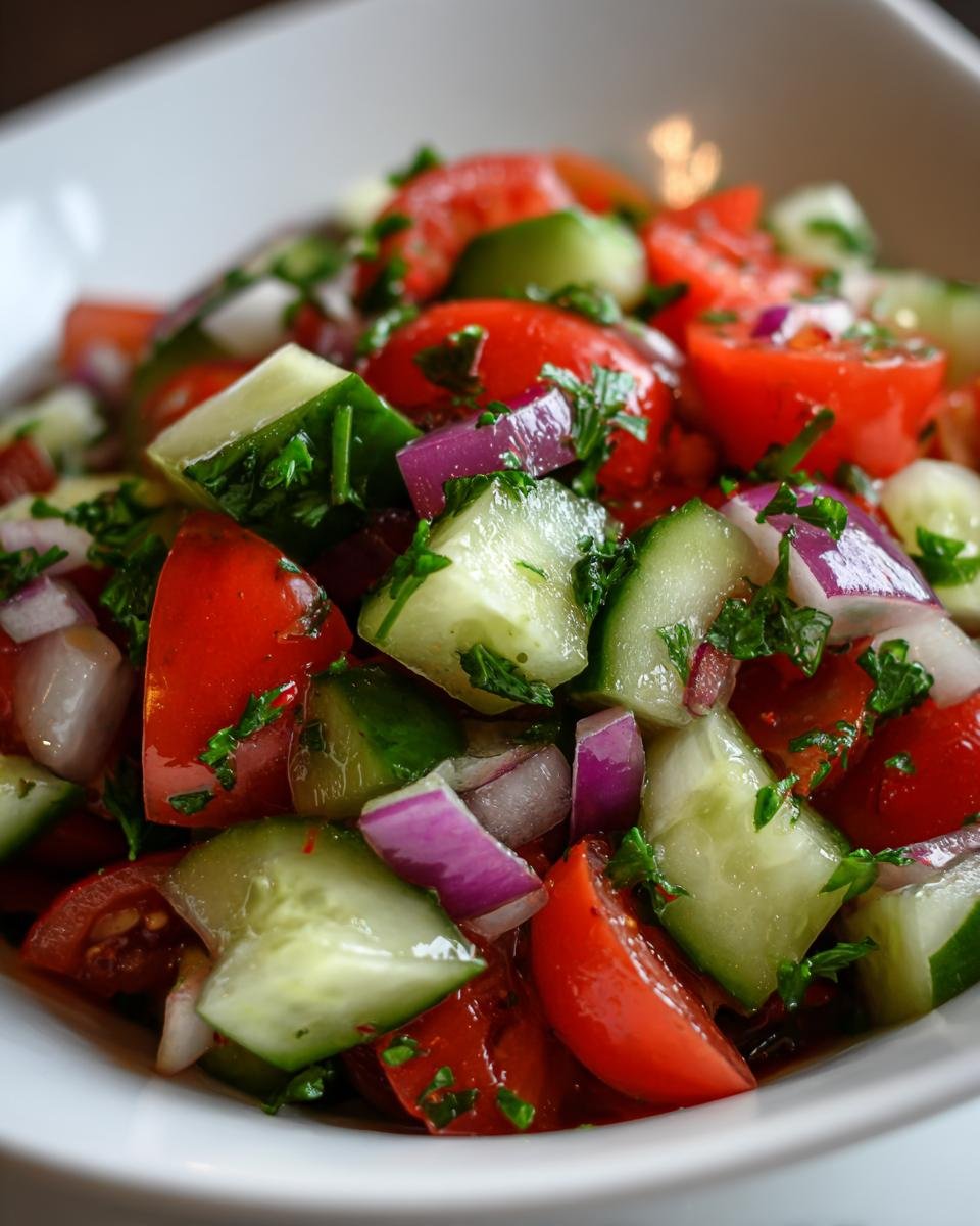 Close-up of a Refreshing Cucumber Tomato Salad Recipe with chopped tomatoes, cucumbers, red onion, and parsley.