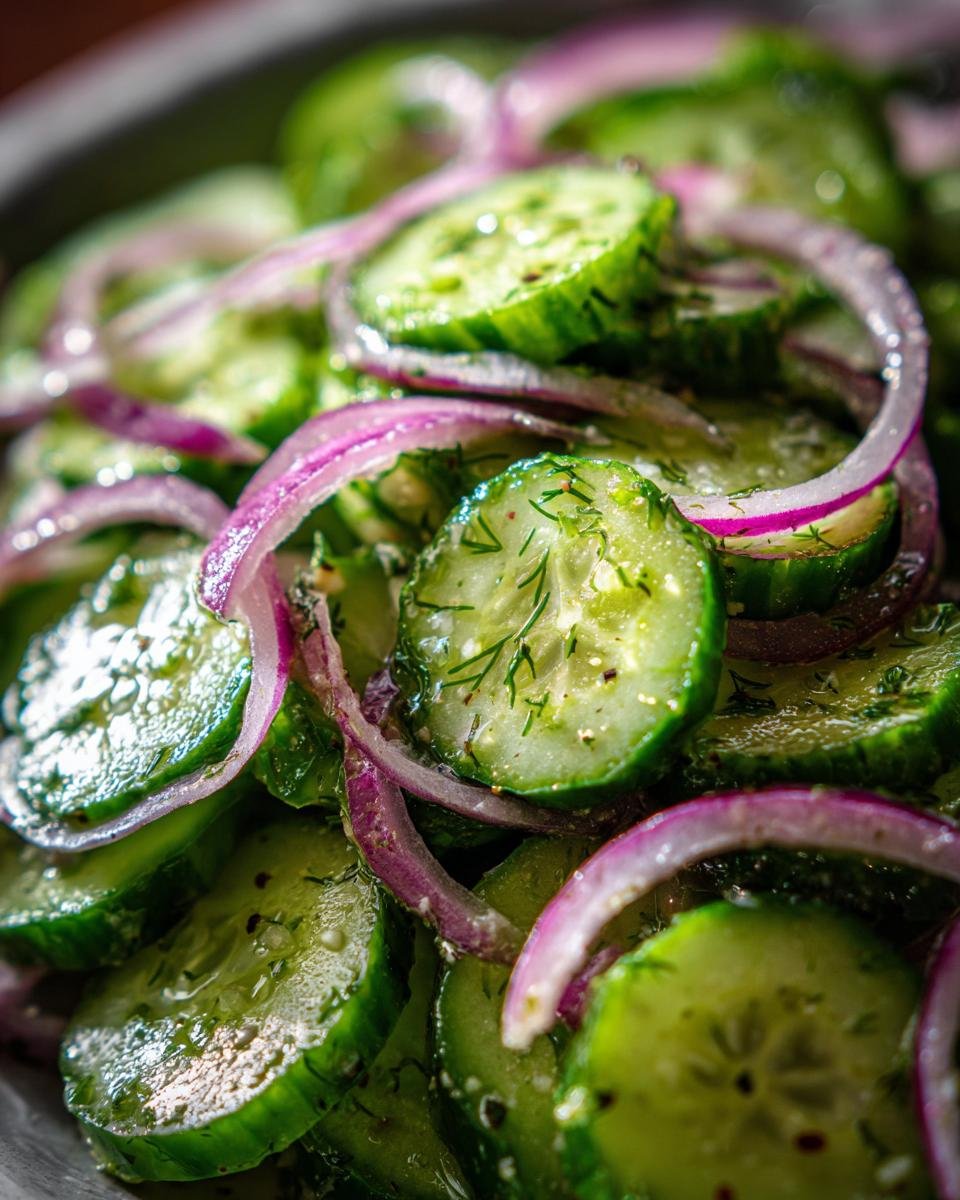 Close-up of a refreshing cucumber vinegar salad with thinly sliced cucumbers, red onion rings, and fresh dill.