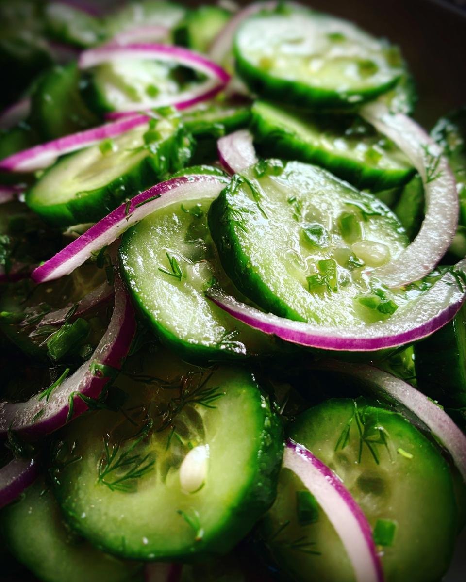 Close-up of a refreshing cucumber vinegar salad with thinly sliced cucumbers, red onion rings, and fresh dill.
