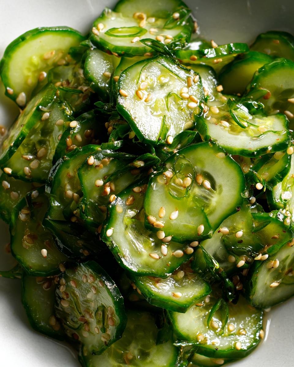Close-up of a Refreshing Easy Asian Cucumber Salad Recipe, featuring thinly sliced cucumbers coated in a glistening dressing and sprinkled with sesame seeds.