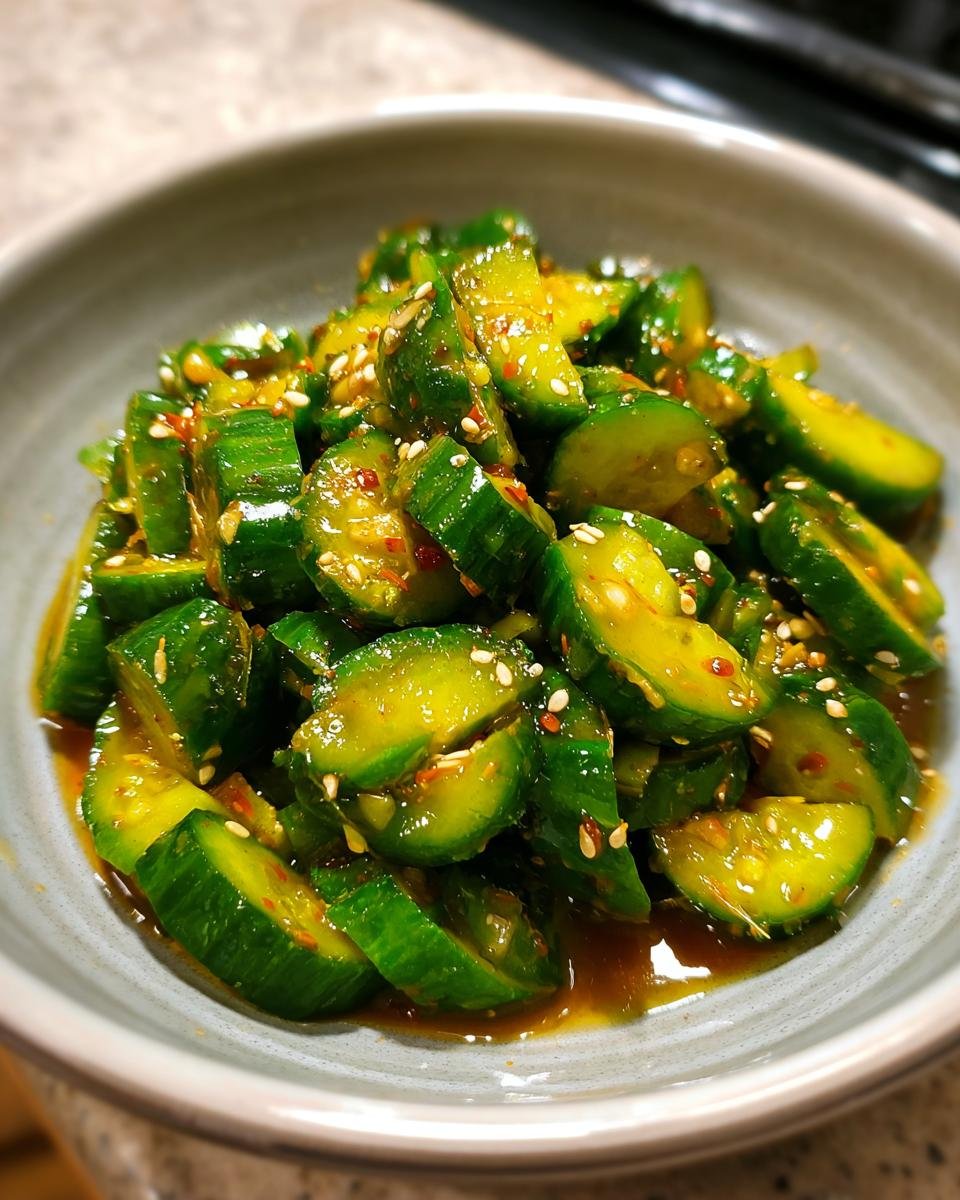A close-up shot of a bowl filled with a Refreshing Tik Tok Korean Cucumber Salad, tossed in a savory dressing with sesame seeds and chili flakes.