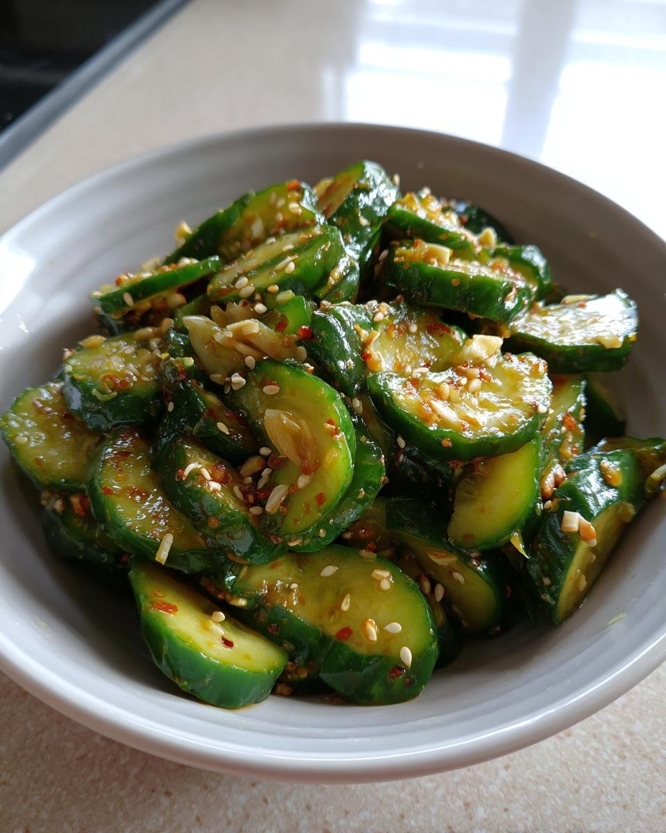 Close-up of a bowl filled with refreshing Tik Tok Korean cucumber salad, seasoned with sesame seeds and chili flakes.
