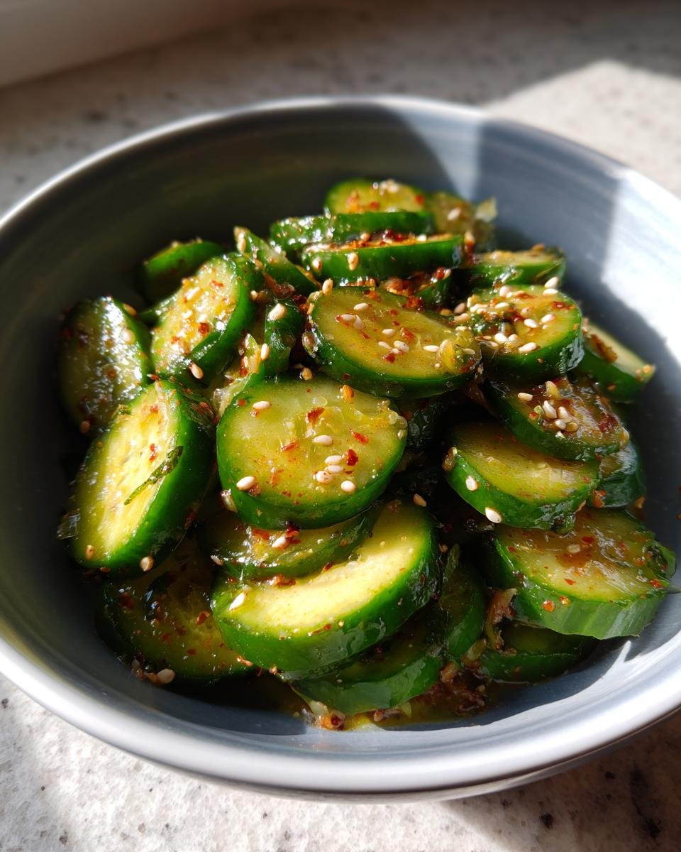 Close-up of sliced cucumbers in a bowl, seasoned with chili flakes and sesame seeds for a Refreshing Tik Tok Korean Cucumber Salad.