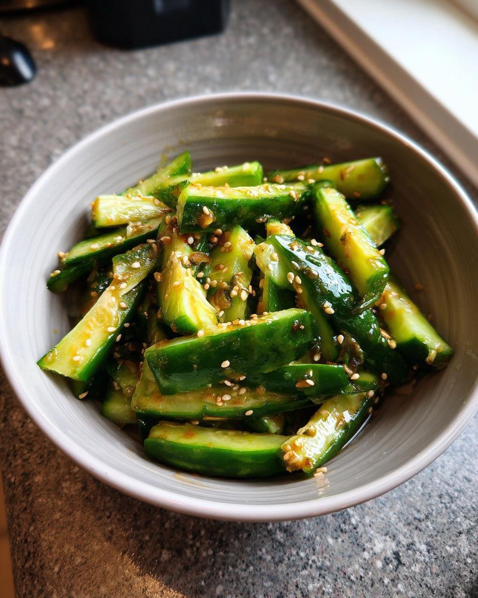 Close-up of a bowl filled with refreshing Tik Tok Korean cucumber salad, coated in a savory dressing and sprinkled with sesame seeds.