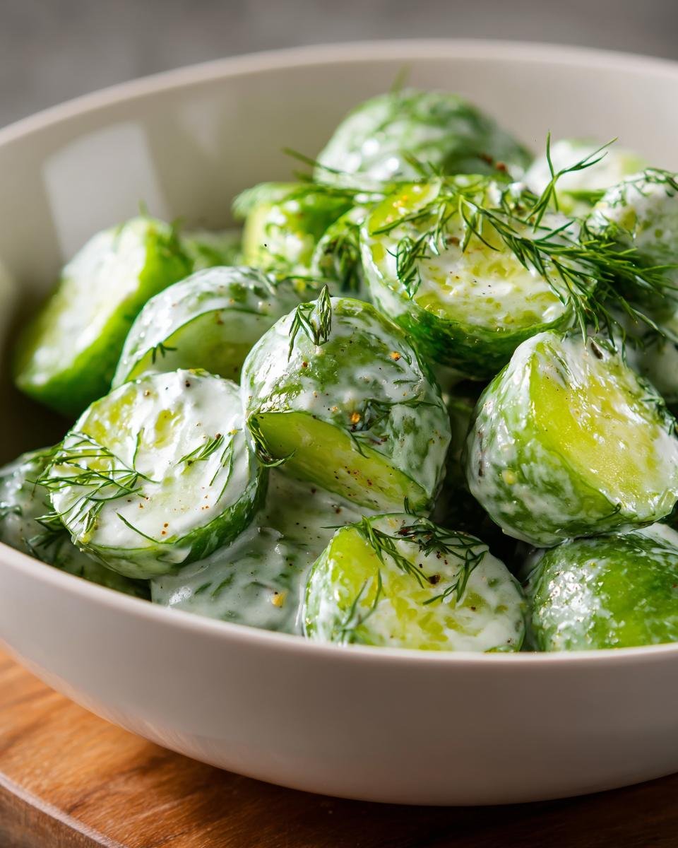 Close-up of a refreshing tzatziki cucumber salad in a bowl, tossed with creamy dressing and fresh dill.