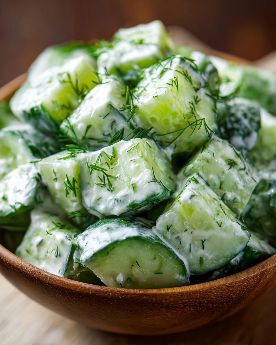 Close-up of a refreshing tzatziki cucumber salad in a wooden bowl, garnished with fresh dill.