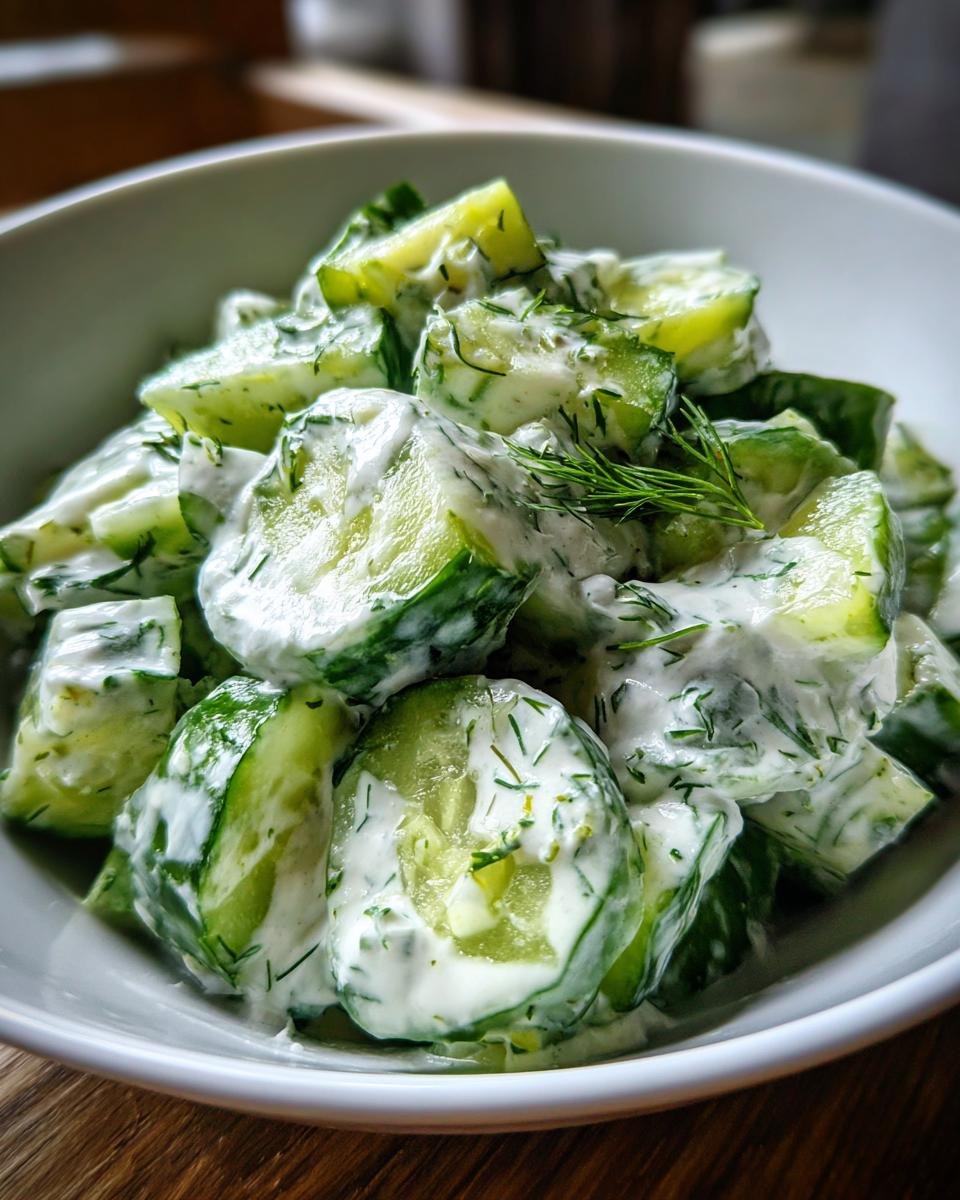 Close-up of a refreshing tzatziki cucumber salad with dill in a white bowl.